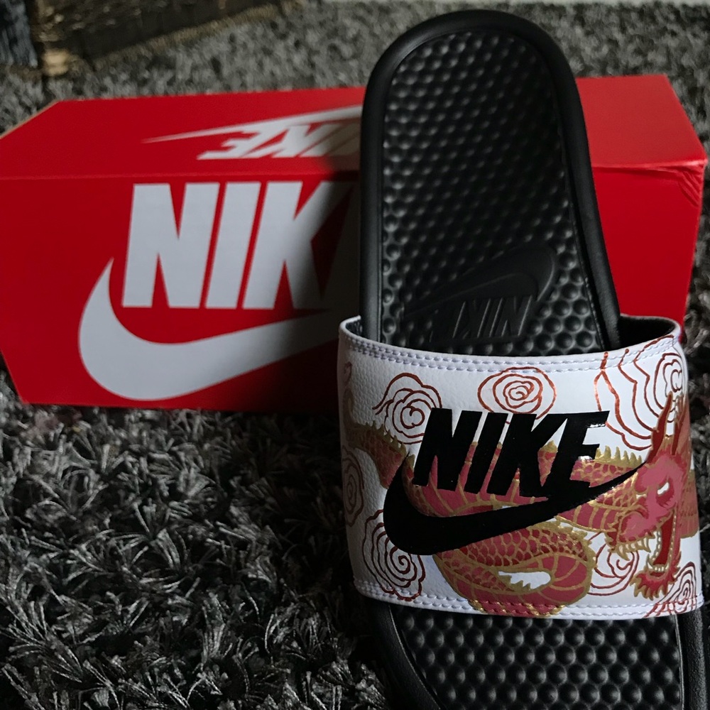 Custom red and gold dragon nike slides